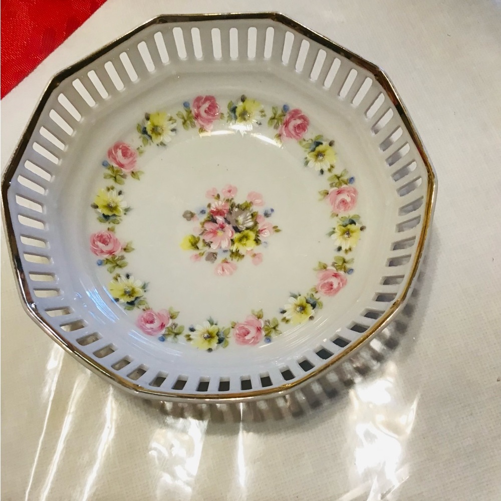 Floral Porcelain Trinket Plate with Gold Trim